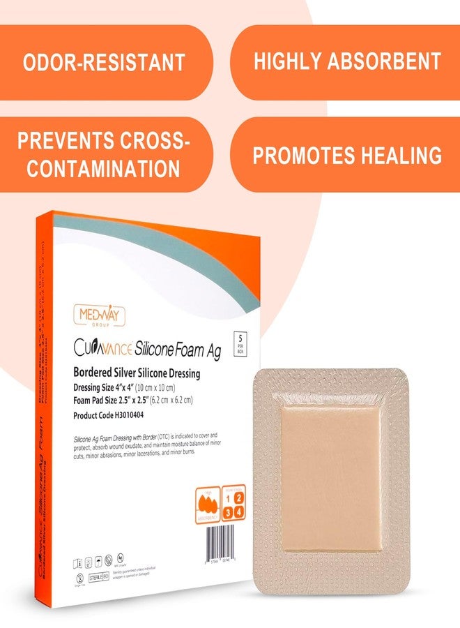 MedVance Bordered Silver Silicone Ag Sterile Absorbent Dressing, 4"x 4" (2.5"x 2.5" Pad), 5 dressings/Box, 5 Count (Pack of 1) - Image 2