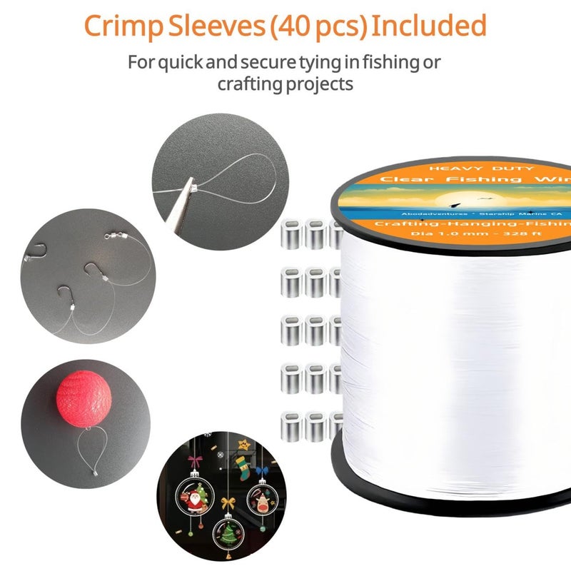 Abodadventures Aboda Heavy Duty Fishing Line 1mm 100lb Test 328 Ft Value Pack with Crimp Sleeves, Clear Monofilament Fishing Line - Strong Invisible Fishing Wire for Crafts, Hanging Decorations, and Pictures - Image 4