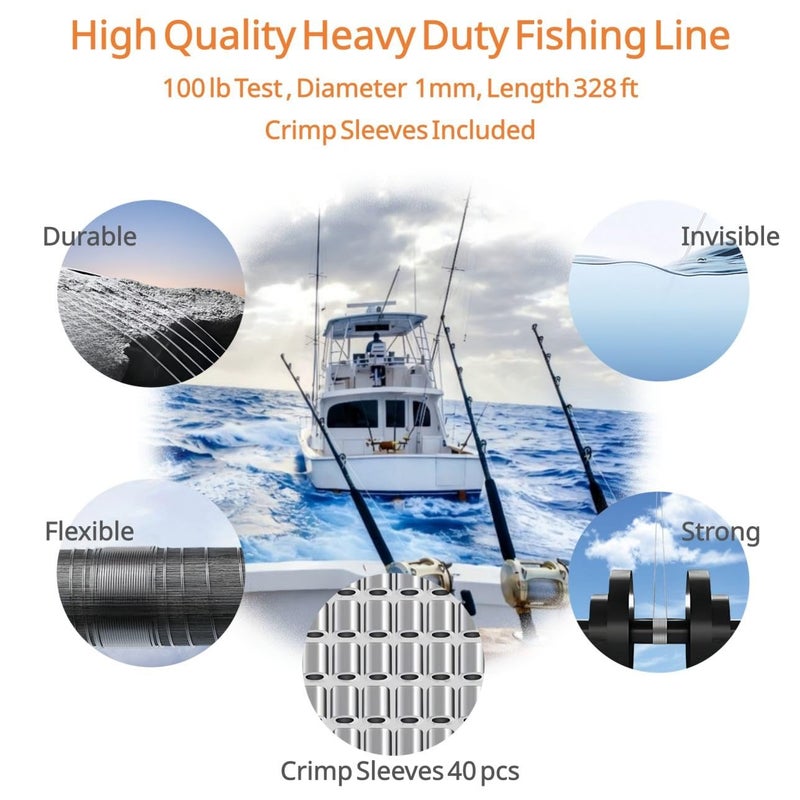 Abodadventures Aboda Heavy Duty Fishing Line 1mm 100lb Test 328 Ft Value Pack with Crimp Sleeves, Clear Monofilament Fishing Line - Strong Invisible Fishing Wire for Crafts, Hanging Decorations, and Pictures - Image 2