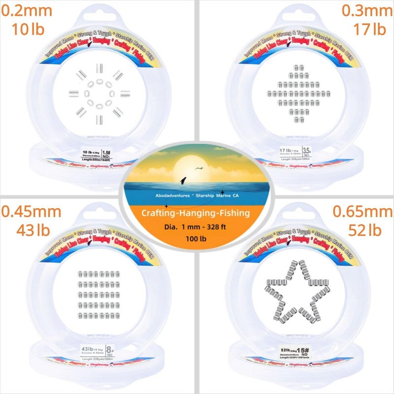 Abodadventures Aboda Heavy Duty Fishing Line 1mm 100lb Test 328 Ft Value Pack with Crimp Sleeves, Clear Monofilament Fishing Line - Strong Invisible Fishing Wire for Crafts, Hanging Decorations, and Pictures - Image 5