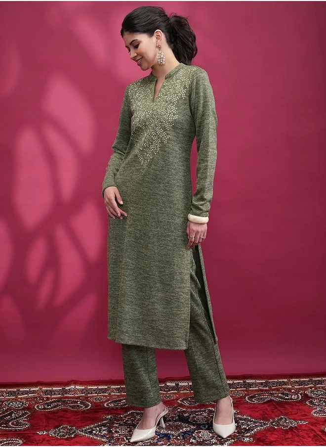Vishudh Women Green Embroidered Kurta and Trouser Set by Styli