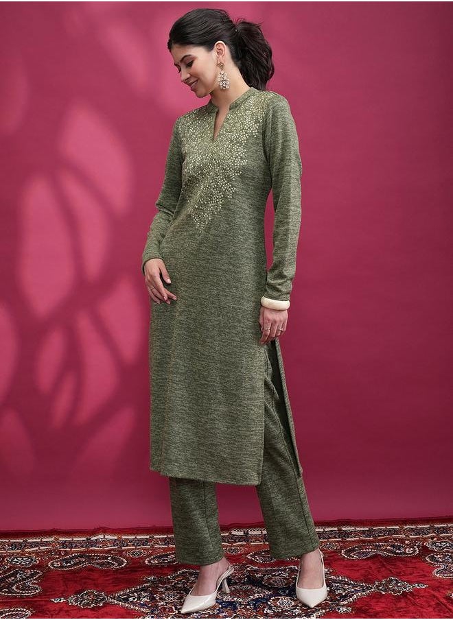 Vishudh - Women Green Embroidered Kurta and Trouser Set by Styli - Image 1