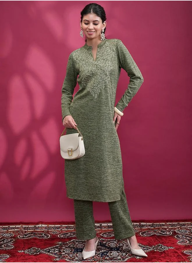 Vishudh Women Green Embroidered Kurta and Trouser Set by Styli