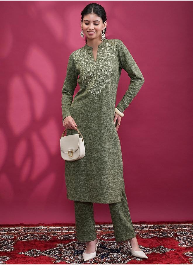 Vishudh - Women Green Embroidered Kurta and Trouser Set by Styli - Image 1