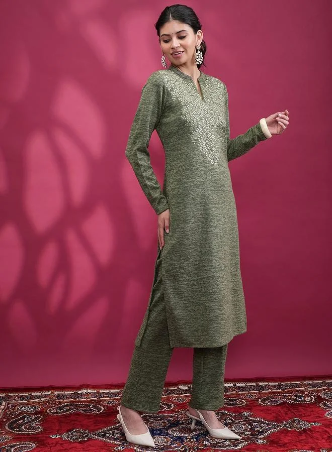 Vishudh Women Green Embroidered Kurta and Trouser Set by Styli