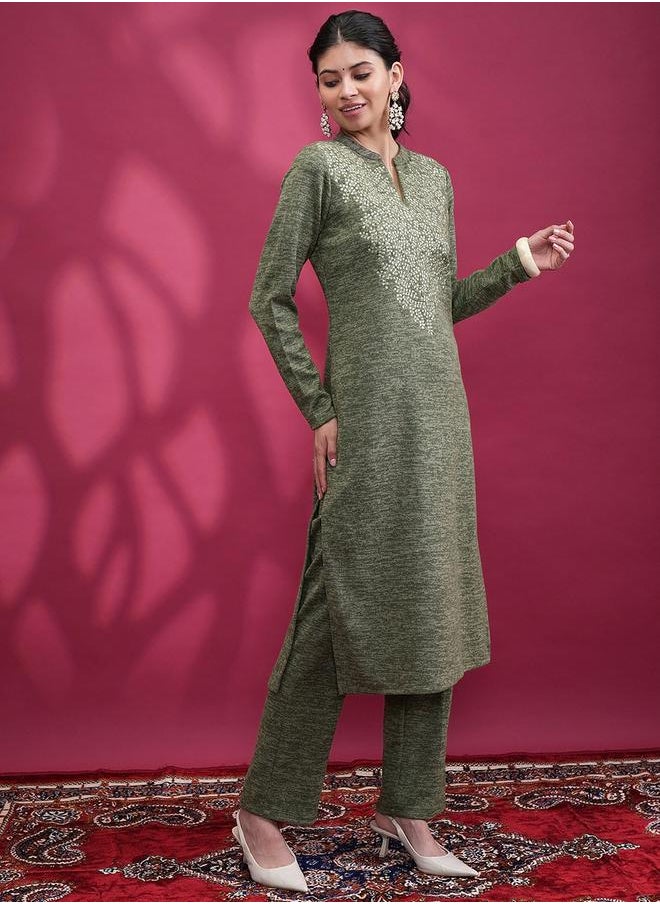 Vishudh - Women Green Embroidered Kurta and Trouser Set by Styli - Image 1