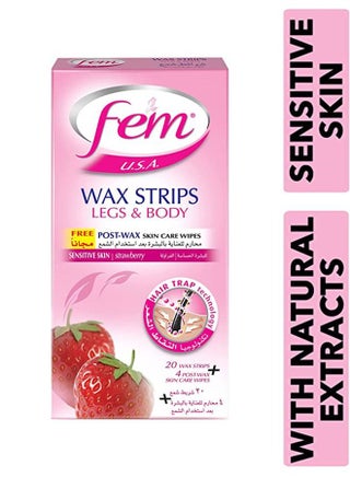 FEM USA Body Wax Strips | Enriched With Strawberry | For Normal Skin - 20 strips With Post-Wax Skin Wipes