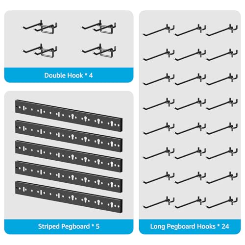 CCCEI 5 Modular Pegboard Strip Storage, Metal Peg Slat Wall Mount for Garage, Basement, Garden, Laundry Room Organization. Flexible Tool Organizer for Rake, Shovels, Crafting. Gifts for Men, Red. - Image 3
