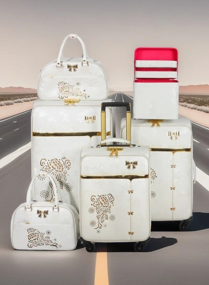 Prosperity matching color trolley luggage spinner 4 wheels 6 PCS pu leather valise suitcase set with tote bag for wedding usage 6 pieces per set - Image 1
