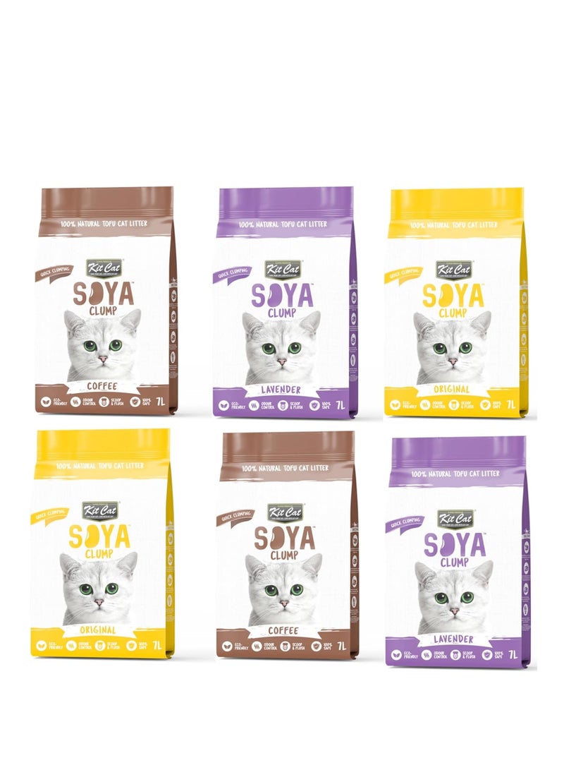 Kit Cat Soya Clump Soybean Litter-pack of 6 (2 Pcs each Original 7L, Coffee 7L,Lavender 7L) - Image 1