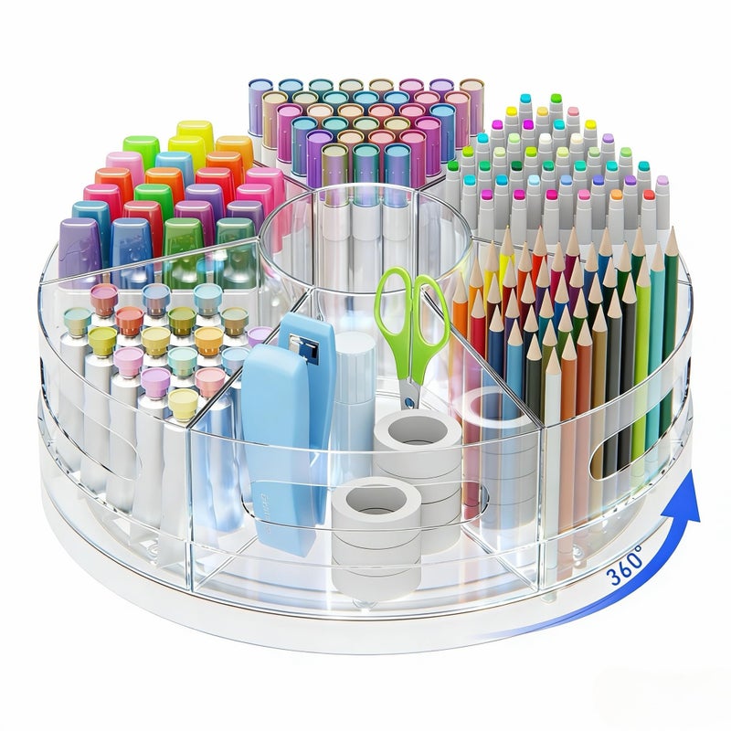 CraftGenes Rotating Desk Organizer, 360Â° Acrylic Pen Organizer for Desk with 7 Removable Compartments, Extra-Large Pen Holder for Office Supplies, Markers, and Art Supplies, Clear Pencil Holder - Image 1