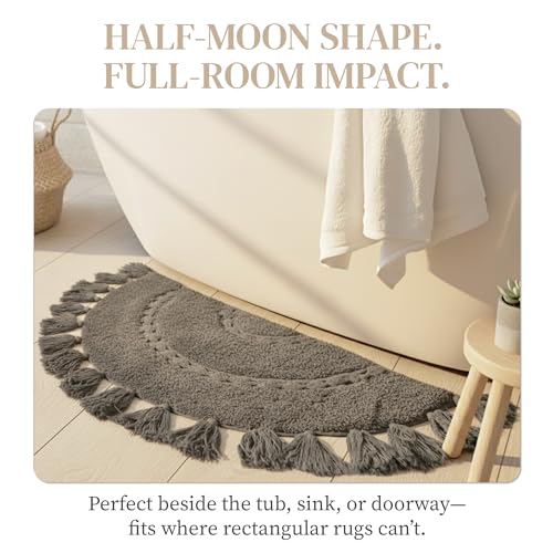BIEN BEAU Boho Bathroom Rugs - Half Circle Cotton Mat with Crochet Insert and Tassels - Non-Slip Bohemian Accent for Bedroom, Entryway, or Bath - Dark Charcoal 42x22 Soft Machine Washable Decorative Rug - Image 3