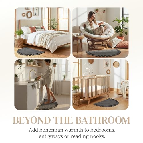 BIEN BEAU Boho Bathroom Rugs - Half Circle Cotton Mat with Crochet Insert and Tassels - Non-Slip Bohemian Accent for Bedroom, Entryway, or Bath - Dark Charcoal 42x22 Soft Machine Washable Decorative Rug - Image 5