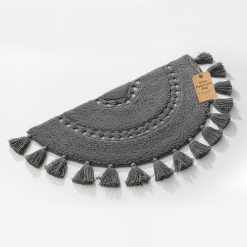 BIEN BEAU Boho Bathroom Rugs - Half Circle Cotton Mat with Crochet Insert and Tassels - Non-Slip Bohemian Accent for Bedroom, Entryway, or Bath - Dark Charcoal 42x22 Soft Machine Washable Decorative Rug - Image 1