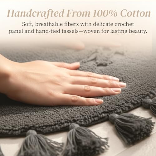 BIEN BEAU Boho Bathroom Rugs - Half Circle Cotton Mat with Crochet Insert and Tassels - Non-Slip Bohemian Accent for Bedroom, Entryway, or Bath - Dark Charcoal 42x22 Soft Machine Washable Decorative Rug - Image 2