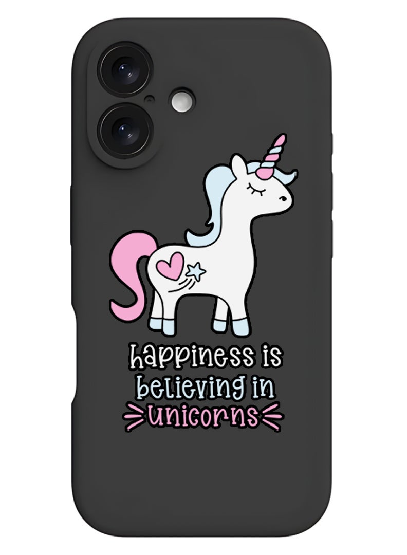 Theodor Protective Slim Fit Case Liquid Silicone Cover with Full Body Protection Anti-Scratch Shockproof Case For Apple iPhone 17 (Black) Happiness is believing in Unicorns - Image 1
