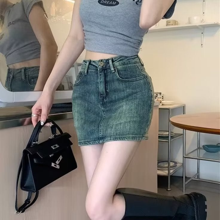 Summer Trendy High-Waisted Retro Slimming Anti-Exposure Denim Shorts Skirt For Women Fashion Hip-Hugging Half Skirt - Image 5