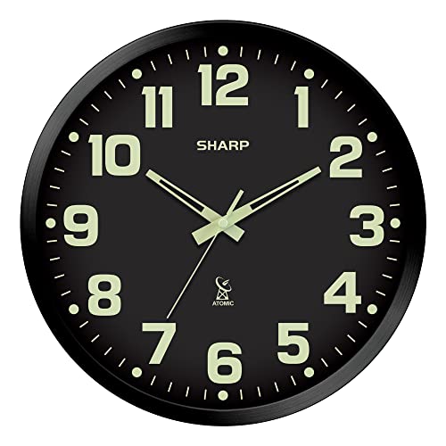 Sharp Glow in The Dark Atomic Analog Wall Clock - 12" Clock with Black Frame - Sets Automatically - Battery Operated - Easy to Read - Easy to Use – See Day or Night! - Image 1