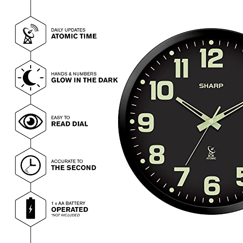 Sharp Glow in The Dark Atomic Analog Wall Clock - 12" Clock with Black Frame - Sets Automatically - Battery Operated - Easy to Read - Easy to Use – See Day or Night! - Image 3