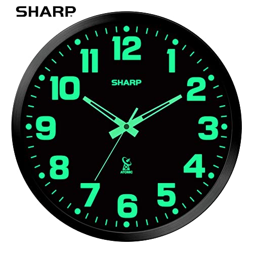 Sharp Glow in The Dark Atomic Analog Wall Clock - 12" Clock with Black Frame - Sets Automatically - Battery Operated - Easy to Read - Easy to Use – See Day or Night! - Image 2