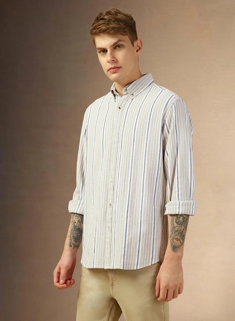 Dennis Lingo Men's Beige 100% Cotton Striped Button Down Relaxed Fit Shirt