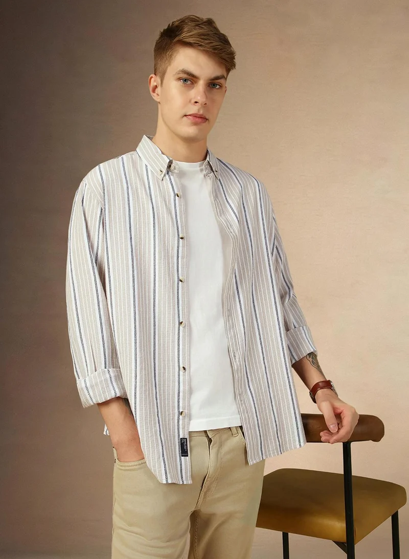 Dennis Lingo Men's Beige 100% Cotton Striped Button Down Relaxed Fit Shirt