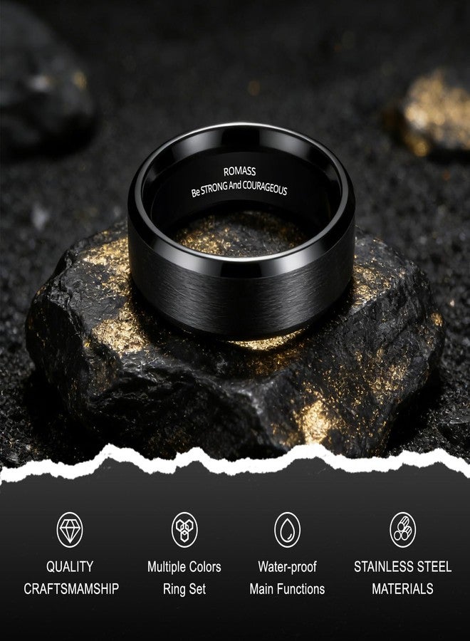 Romass Easter Basket Stuffers 4Pcs Rings for Men Women,Stainless Steel Wedding Rings Bible Verse Silver/Black/Gold/Rose Gold 8MM Matte Surface,Beveled Polished Edge Mens Ring Gifts Jewelry Box 7-21 Inches - Image 3