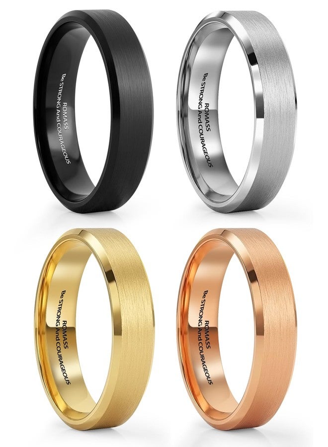 Romass Easter Basket Stuffers 4Pcs Rings for Men Women,Stainless Steel Wedding Rings Bible Verse Silver/Black/Gold/Rose Gold 8MM Matte Surface,Beveled Polished Edge Mens Ring Gifts Jewelry Box 7-21 Inches - Image 1