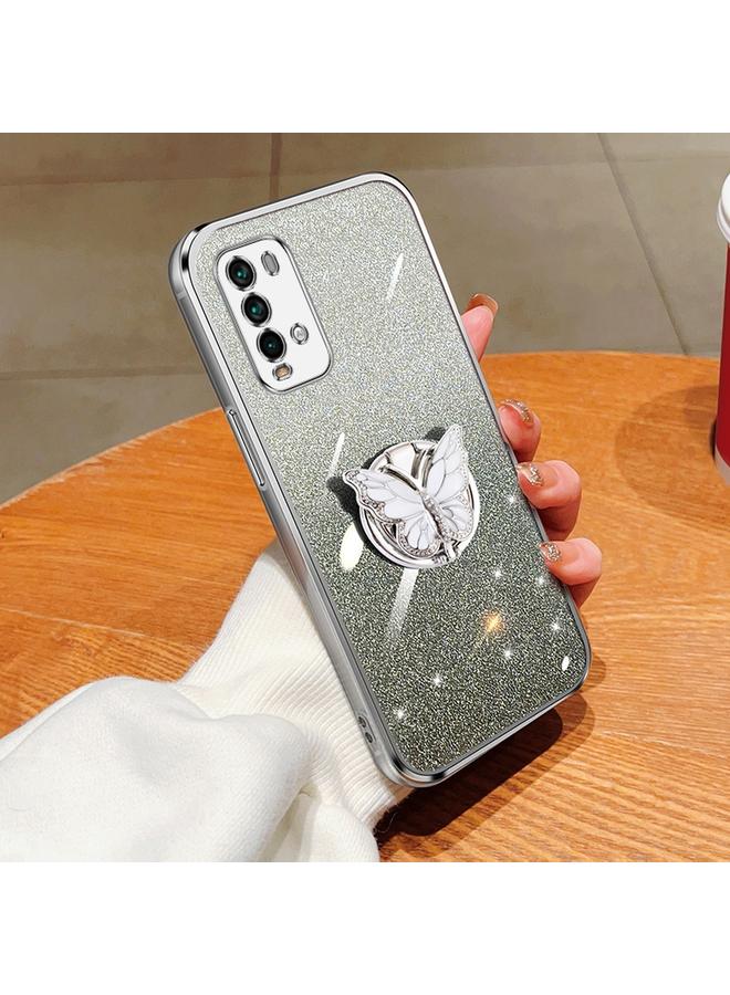 اس-توب جراب لهاتف Redmi Note 9 4G مطلي بطبقة لامعة متدرجة اللون مع حامل على شكل فراشة من مادة TPU - Image 1