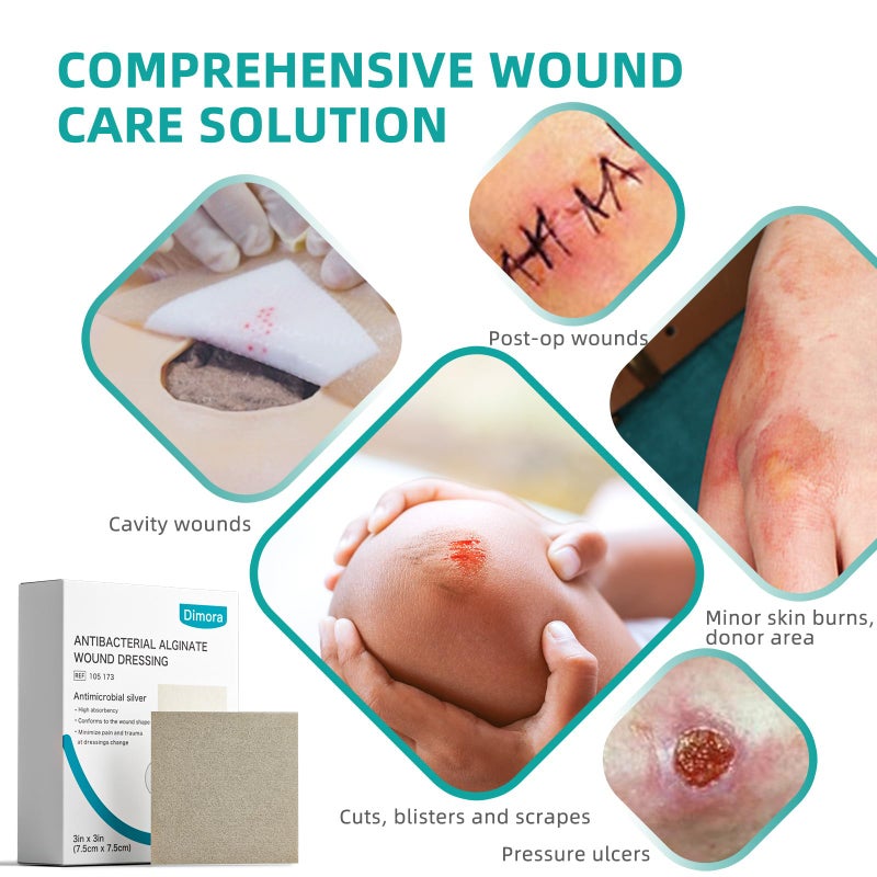 Dimora Upgrade Silver Calcium Alginate Wound Dressing -Antibacterial Non Stick Gauze for Wounds Care, Highly Absorbent Sterile Bandage Pads with Ag, 3'' x 3'' Patches 12 Packs Individual - Image 2