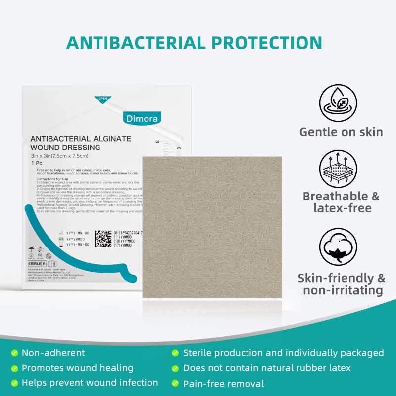 Dimora Upgrade Silver Calcium Alginate Wound Dressing -Antibacterial Non Stick Gauze for Wounds Care, Highly Absorbent Sterile Bandage Pads with Ag, 3'' x 3'' Patches 12 Packs Individual - Image 4