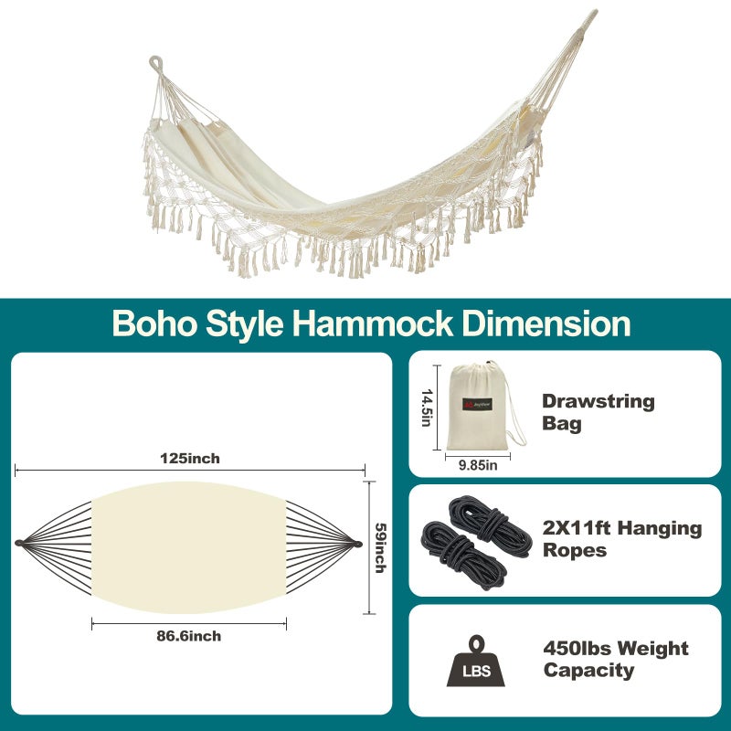 JoyView Boho Macrame Double Hammock with Hanging Ropes & Elegant Tassels 86.6x59 Portable Cotton Hammock for Patio Backyard Porch 450LBS Weight Capacity Perfect for Outdoor/Indoor - Beige Color - Image 3
