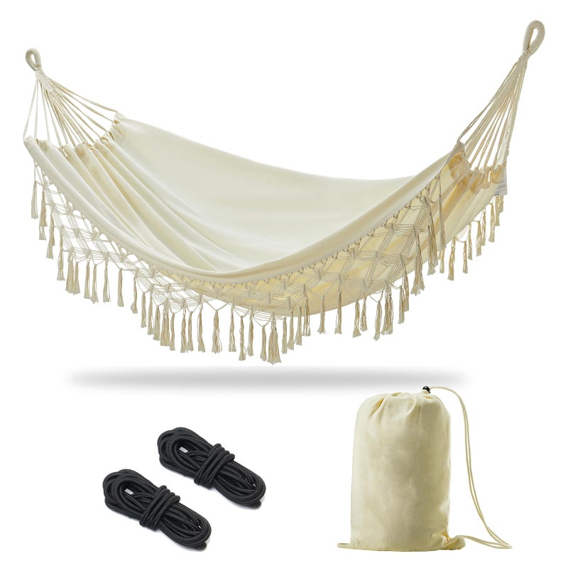 JoyView Boho Macrame Double Hammock with Hanging Ropes & Elegant Tassels 86.6x59 Portable Cotton Hammock for Patio Backyard Porch 450LBS Weight Capacity Perfect for Outdoor/Indoor - Beige Color - Image 1
