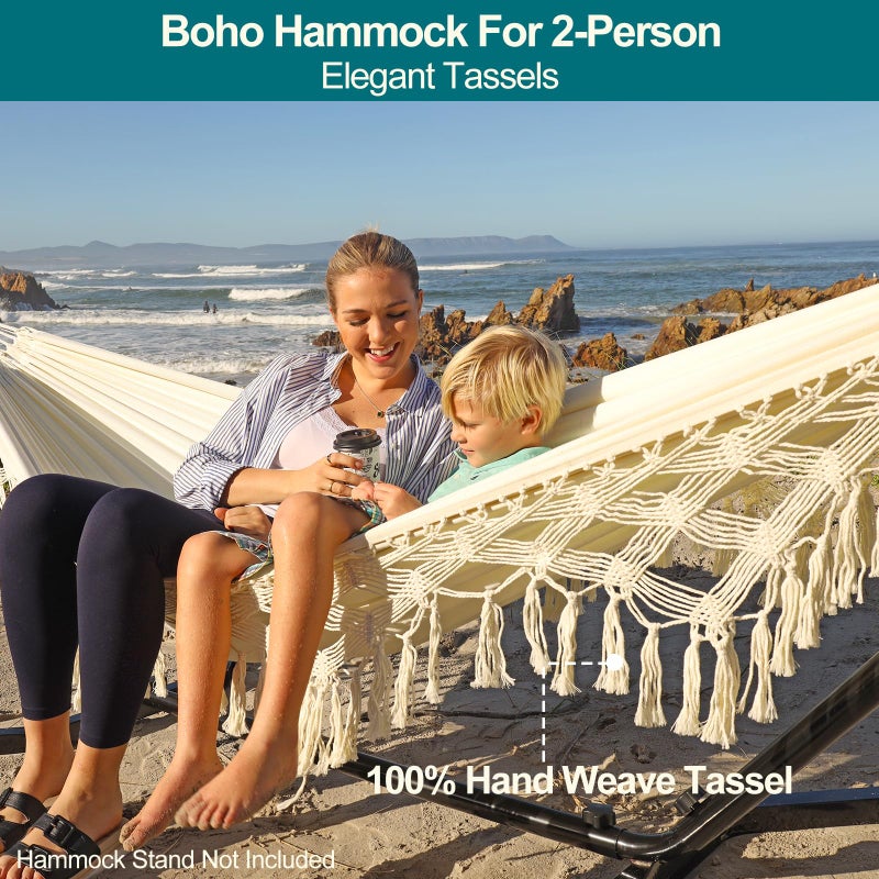 JoyView Boho Macrame Double Hammock with Hanging Ropes & Elegant Tassels 86.6x59 Portable Cotton Hammock for Patio Backyard Porch 450LBS Weight Capacity Perfect for Outdoor/Indoor - Beige Color - Image 2
