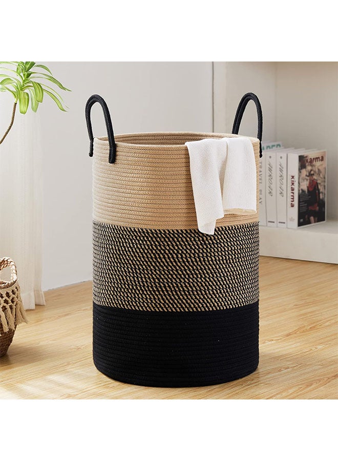 MIXDE 58L Large Woven Laundry Hamper,Tall Cotton Rope Storage Hampers,Baby Storage Hampers for Organizing Blankets/Toys/Clothes in Bedroom and Living Room(Khaki+Floral+Black) - Image 1
