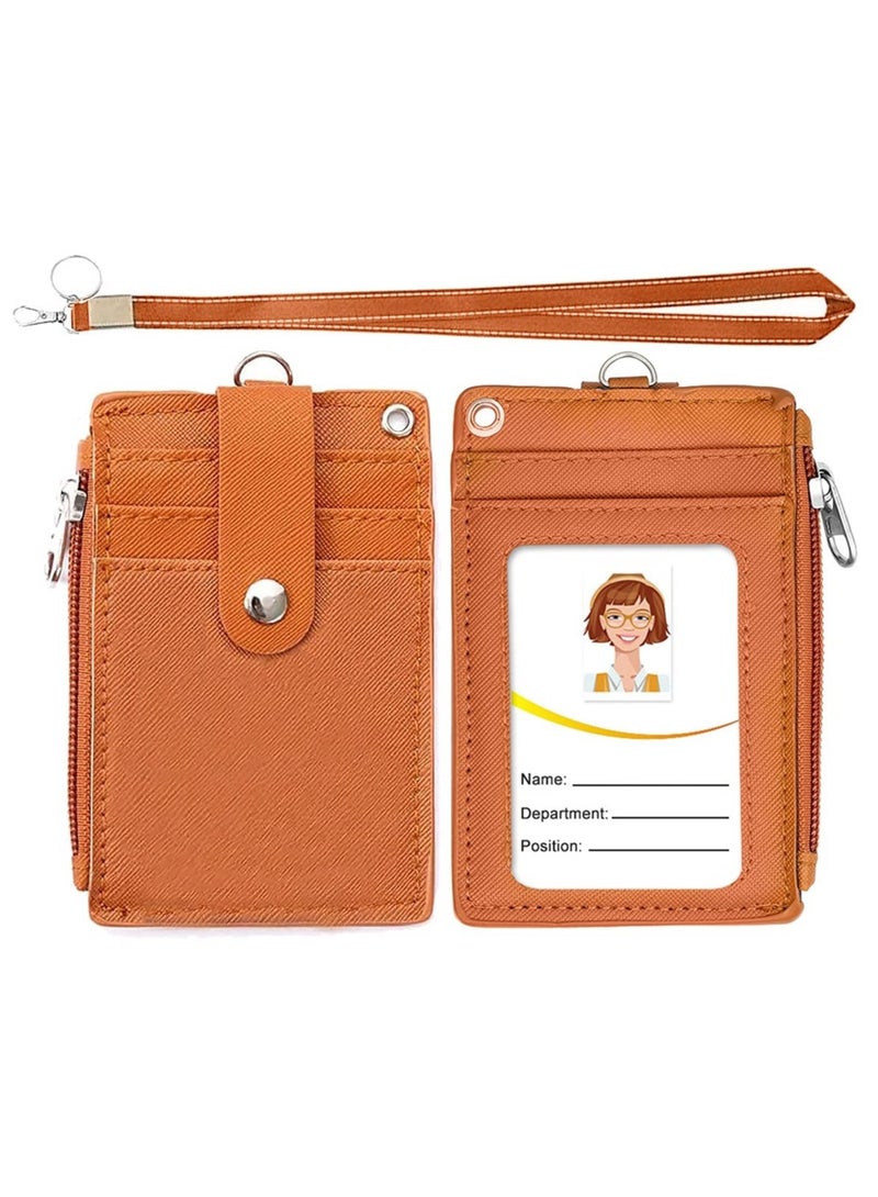 Zikra حامل شارة بسحاب، محفظة حامل شارة هوية جلدية، محفظة بسحاب لحامل بطاقة الائتمان مع حبل، 2 جانبين 5 فتحات بطاقات وسلسلة مفاتيح للأولاد والبنات - Image 1