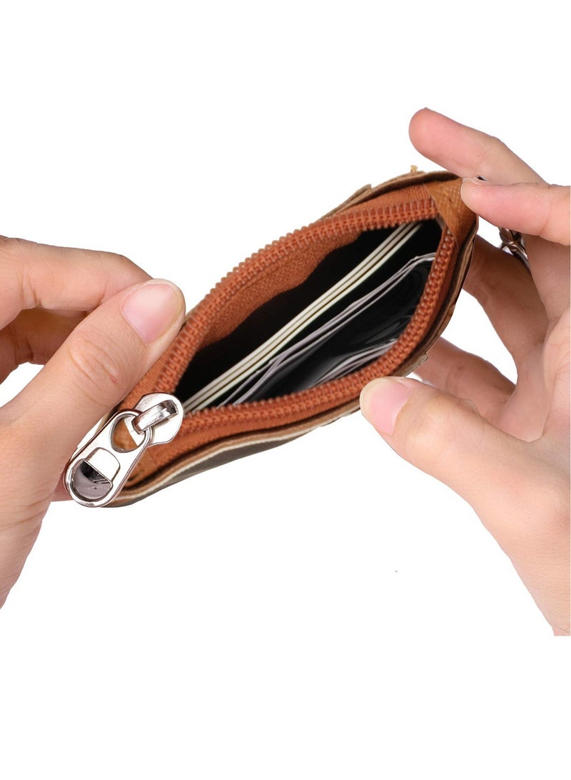 Zikra حامل شارة بسحاب، محفظة حامل شارة هوية جلدية، محفظة بسحاب لحامل بطاقة الائتمان مع حبل، 2 جانبين 5 فتحات بطاقات وسلسلة مفاتيح للأولاد والبنات - Image 3