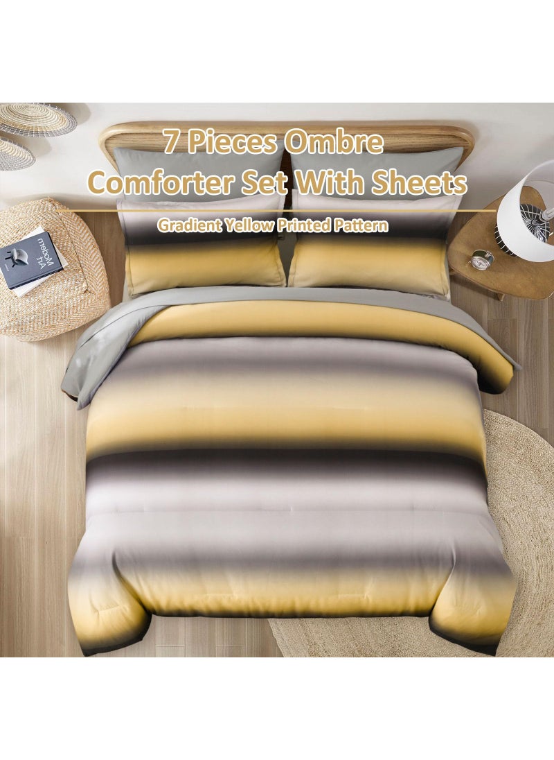 Dinjoy Dinjoy Boho Striped Ombre Yellow Comforter Set Full Size Gradient Yellow Grey Bedding Set for Teen Men Women 7 Pieces Bed in A Bag Bed Set with Comforter  Sheets  Pillowcases & Shams  - Image 3