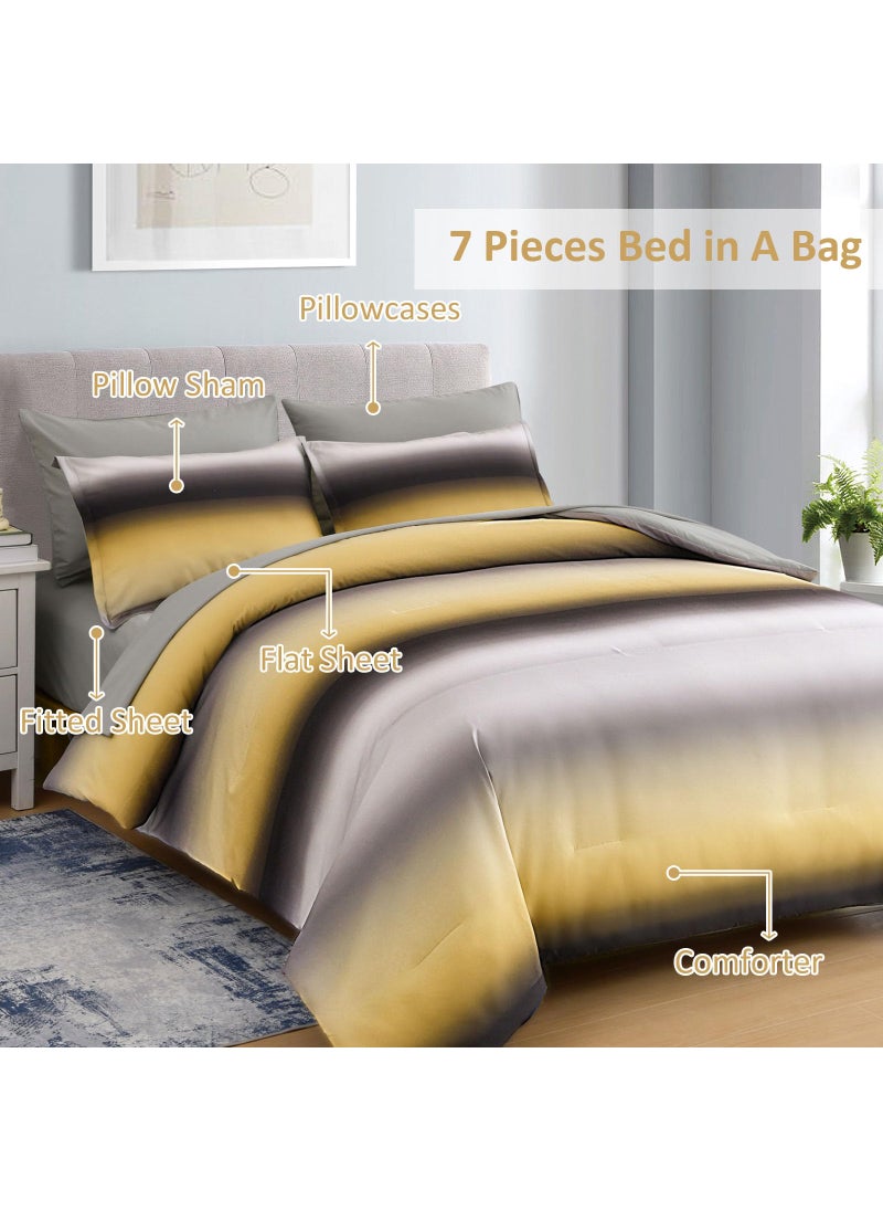 Dinjoy Dinjoy Boho Striped Ombre Yellow Comforter Set Full Size Gradient Yellow Grey Bedding Set for Teen Men Women 7 Pieces Bed in A Bag Bed Set with Comforter  Sheets  Pillowcases & Shams  - Image 2
