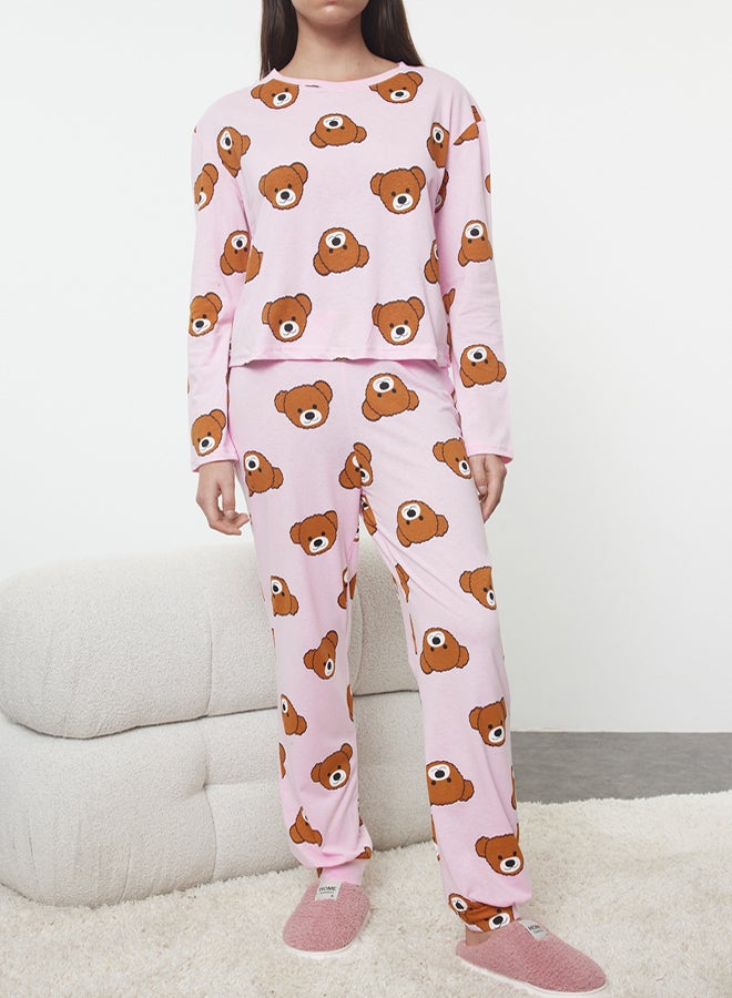 trendyol Pink 100% Cotton Teddy Bear Knitted Pajama Set THMAW23PT00514 - Image 3