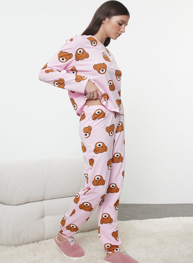 trendyol Pink 100% Cotton Teddy Bear Knitted Pajama Set THMAW23PT00514 - Image 2