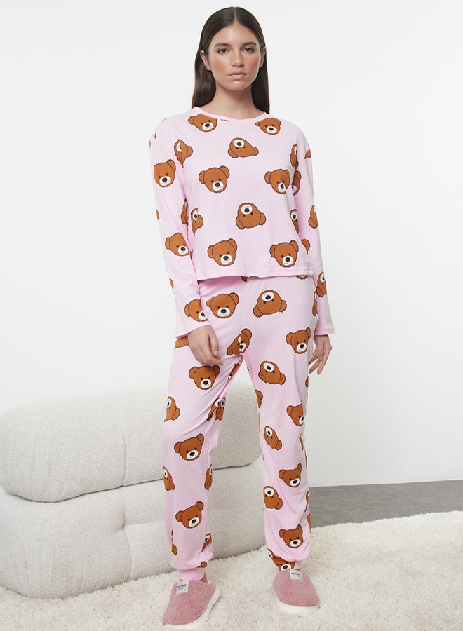 trendyol Pink 100% Cotton Teddy Bear Knitted Pajama Set THMAW23PT00514 - Image 1
