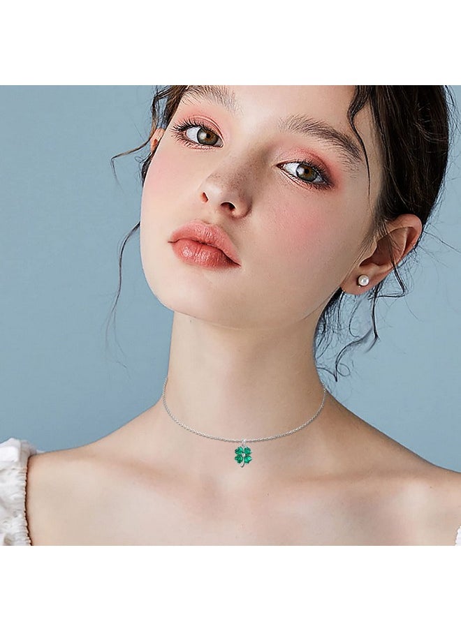 DAOCHONG S925 Sterling Silver Green Shamrock Four Leaf Clover Choker Short Dainty Lucky Necklace Pendant For Women Jewelry St. Patrick'S Day  - Image 2
