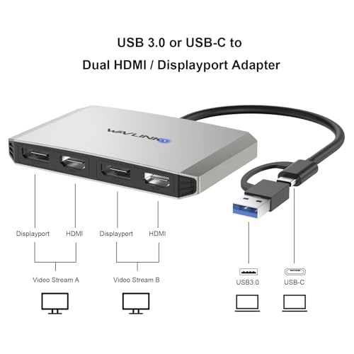 WAVLINK USB C and USB 3.0 to Dual 4K DisplayPort/HDMI Adapter, Displaylink Monitor Splitter Extended Display for Dual Monitor 4K@60Hz, HDMI/DP Splitter Compatible with Mac M1-M4,Window Laptop-Silver - Image 2