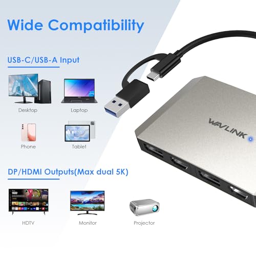 WAVLINK USB C and USB 3.0 to Dual 4K DisplayPort/HDMI Adapter, Displaylink Monitor Splitter Extended Display for Dual Monitor 4K@60Hz, HDMI/DP Splitter Compatible with Mac M1-M4,Window Laptop-Silver - Image 5
