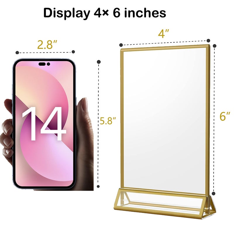 Rogeramz 4x6 Acrylic Sign Holders 8 Pack Gold Table Number Holder for Wedding Picture Frame Double Sided Table Menu Stands with Vertical Stand, Photos and Art Display - Image 2