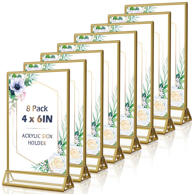 Rogeramz 4x6 Acrylic Sign Holders 8 Pack Gold Table Number Holder for Wedding Picture Frame Double Sided Table Menu Stands with Vertical Stand, Photos and Art Display - Image 1