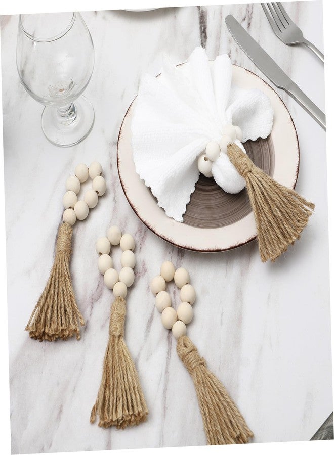 VOSAREA 4 pcs Wood Bead Napkin Rings with Tassels Rustic Farmhouse Wood Beads Garland Wall Hanging Decor Weddings Home Decor Table Decoration - Image 4