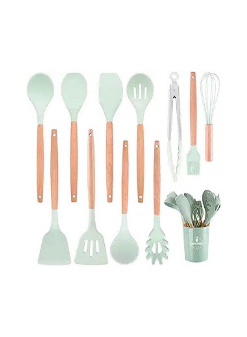 Goolsky 11pcs Silicone Kitchen Cooking Utensil Set, Kitchen Utensils Spatula Set with Holder, Cooking Wooden Utensils for Nonstick Cookware, Kitchen Gadgets and BPA Free Non Toxic Spatula Set - Image 1