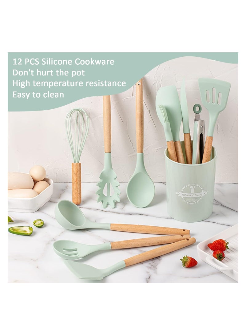 Goolsky 11pcs Silicone Kitchen Cooking Utensil Set, Kitchen Utensils Spatula Set with Holder, Cooking Wooden Utensils for Nonstick Cookware, Kitchen Gadgets and BPA Free Non Toxic Spatula Set - Image 3